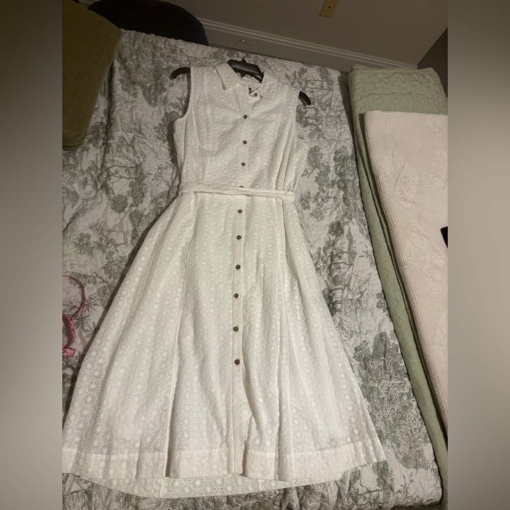Anne Klein sz 8 white eyelet midi sleeveless sundress collared button front sash - Picture 3 of 12